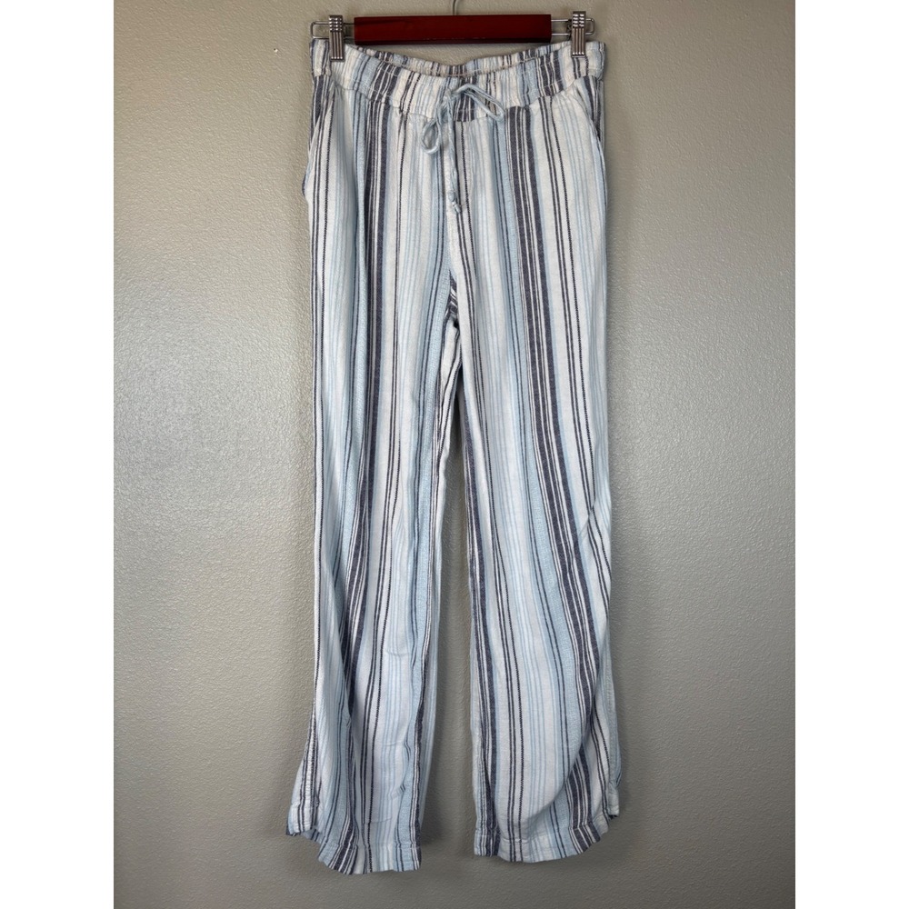 Briggs Womens Blue Striped Linen Blend Drawstring Pull On Pants Size Small